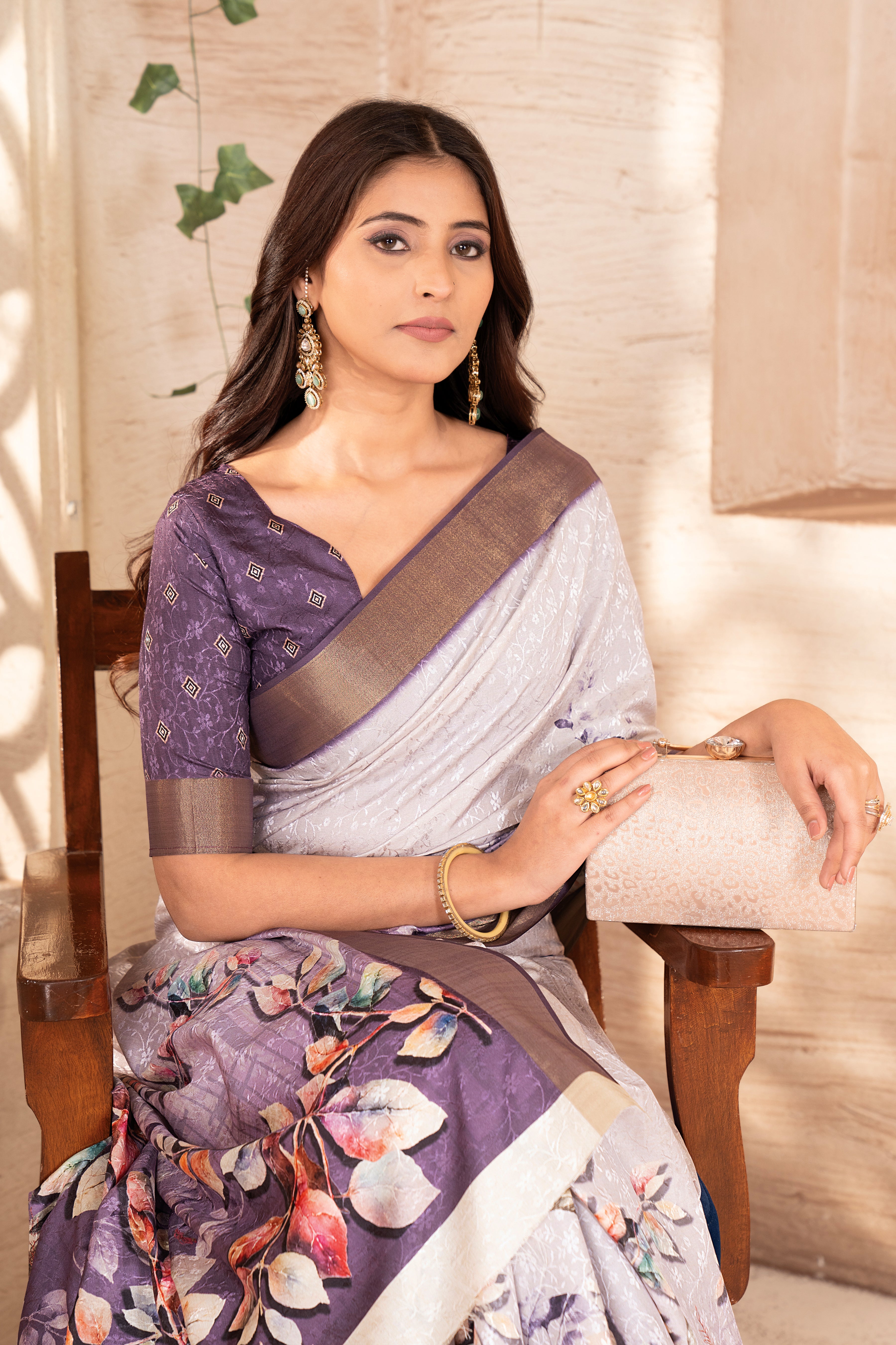 Cream Purple Tussar Silk Saree